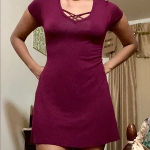 burgundy flowy dress with cross neck detail